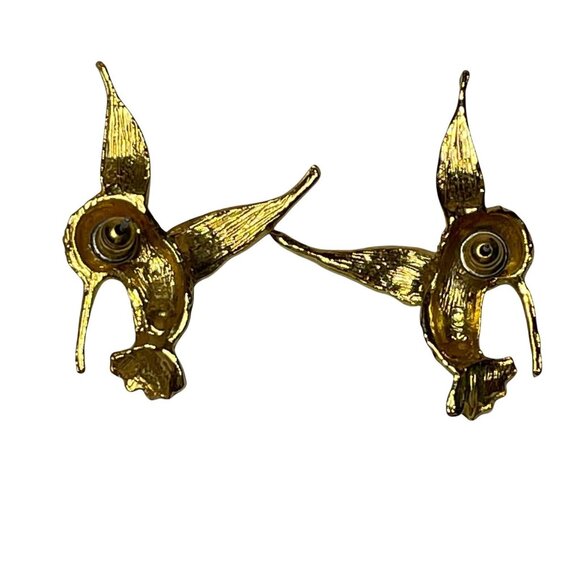 Enamel Hummingbird Earrings Posts Studs Gold Tone Green 1.5 In. - Picture 2 of 4